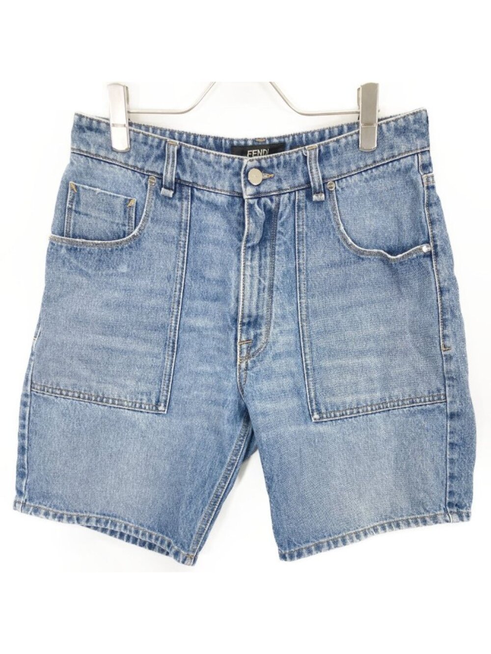 Fendi Blue Cotton FF Metal Plate Zip Fly Denim Shorts